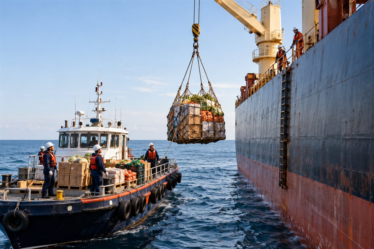 Illustrative scene of a ship crane lifting provisions in a cargo net from a small supply boat alongside a cargo ship at sea